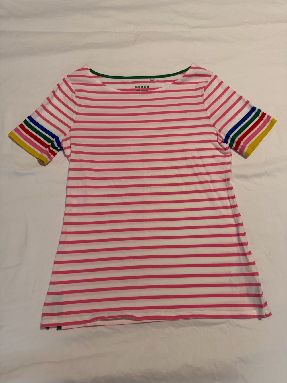 Boden Pink & White Striped Tee with Rainbow Sleeve Bands